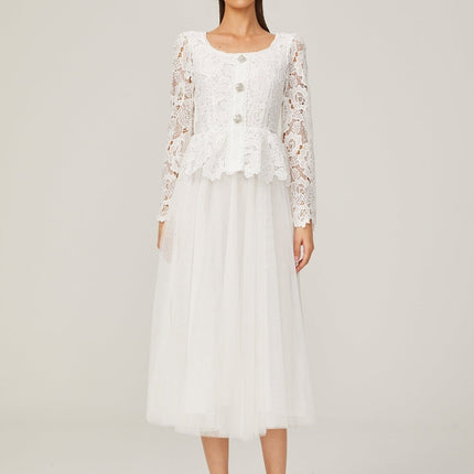 Rina White Tulle Guipure Lace Peplum Floral Choker Cut-work Midi Dress