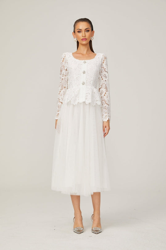 Rina White Tulle Guipure Lace Peplum Floral Choker Cut-work Midi Dress