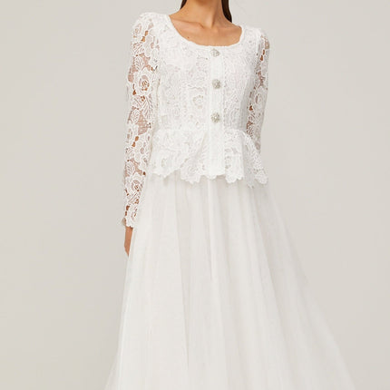 Rina White Tulle Guipure Lace Peplum Midi Dress Floral Choker Cut-work Scoop Neck Long Sleeves Panelled Pleated Rear Zip Calf-length 100 Terylene