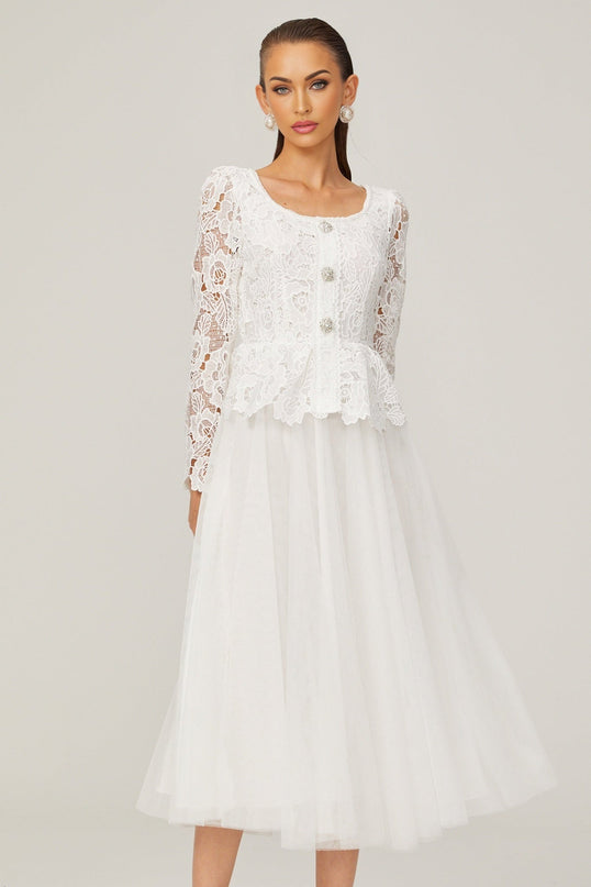Rina White Tulle Guipure Lace Peplum Midi Dress Floral Choker Cut-work Scoop Neck Long Sleeves Panelled Pleated Rear Zip Calf-length 100 Terylene