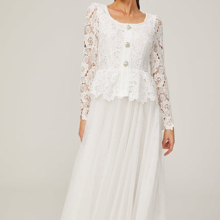 Rina White Tulle Guipure Lace Peplum Midi Dress Floral Choker Cut-work Scoop Neck Long Sleeve Pleated Skirt Rear Zip Calf-length 100% Terylene