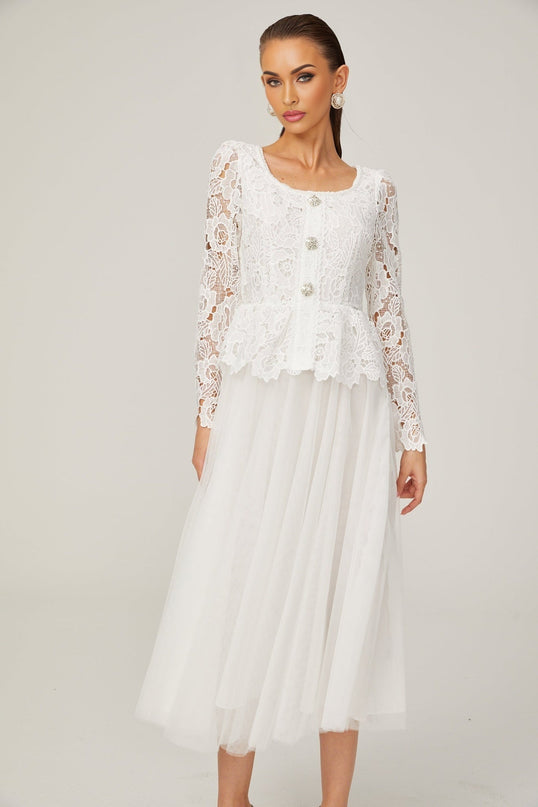 Rina White Tulle Guipure Lace Peplum Midi Dress Floral Choker Cut-work Scoop Neck Long Sleeve Pleated Skirt Rear Zip Calf-length 100% Terylene