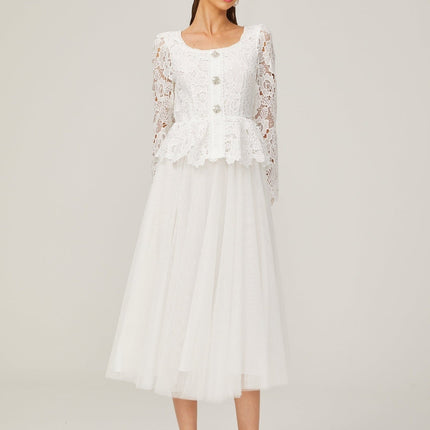 Rina White Tulle Guipure Lace Peplum Midi Dress Floral Choker Cut-work Scoop Neck Long Sleeve Panelled Pleated Calf-length Rear Zip 100% Terylene
