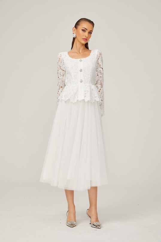Rina White Tulle Guipure Lace Peplum Midi Dress Floral Choker Cut-work Scoop Neck Long Sleeve Panelled Pleated Calf-length Rear Zip 100% Terylene