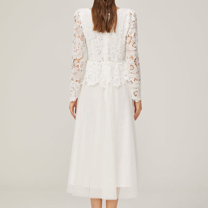 Rina White Tulle Guipure Lace Peplum Midi Dress Floral Choker Cutwork Scoop Neck Long Sleeve Panelled Pleated Calf Length Rear Zip 100 Terylene