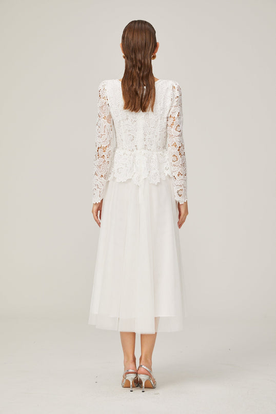 Rina White Tulle Guipure Lace Peplum Midi Dress Floral Choker Cutwork Scoop Neck Long Sleeve Panelled Pleated Calf Length Rear Zip 100 Terylene