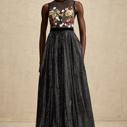 Rinata Black Embellished Maxi Dress with Floral Embroidery Sequin and Rhinestone Embellishments