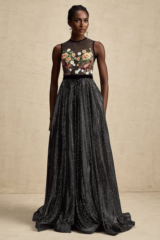 Rinata Black Embellished Maxi Dress with Floral Embroidery Sequin and Rhinestone Embellishments