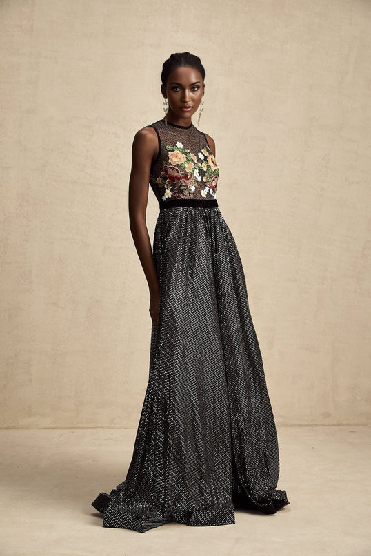 Rinata Black Embellished Maxi Dress with Floral Embroidery Sequin and Rhinestone Embellishments Semi-Sheer Sleeveless Construction Rear Zip Fastening Premium Blend of Terylene Polyamide and Elastane