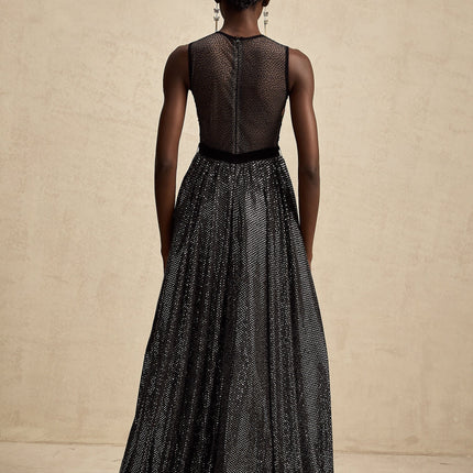 Rinata Black Embellished Maxi Dress with Floral Embroidery Sequin and Rhinestone Embellishments Semi-Sheer Construction Rear Zip Fastening Premium Blend of Terylene Polyamide and Elastane