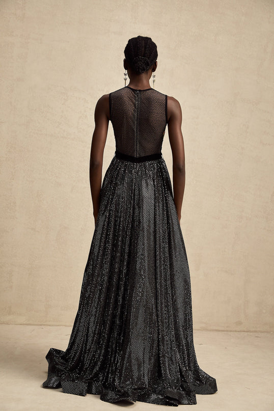 Rinata Black Embellished Maxi Dress with Floral Embroidery Sequin and Rhinestone Embellishments Semi-Sheer Construction Rear Zip Fastening Premium Blend of Terylene Polyamide and Elastane