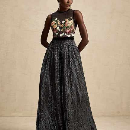 Rinata Black Embellished Maxi Dress with Floral Embroidery, Sequin, and Rhinestone Details