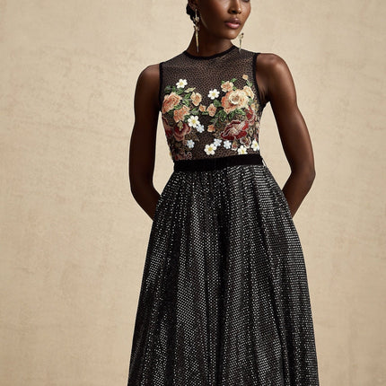 Rinata Black Embellished Maxi Dress with Floral Embroidery Sequin and Rhinestone Embellishments