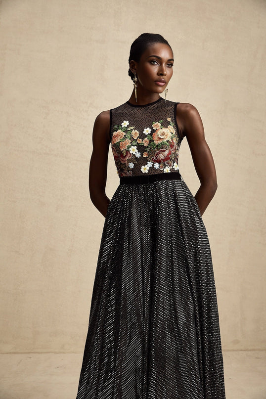 Rinata Black Embellished Maxi Dress with Floral Embroidery Sequin and Rhinestone Embellishments