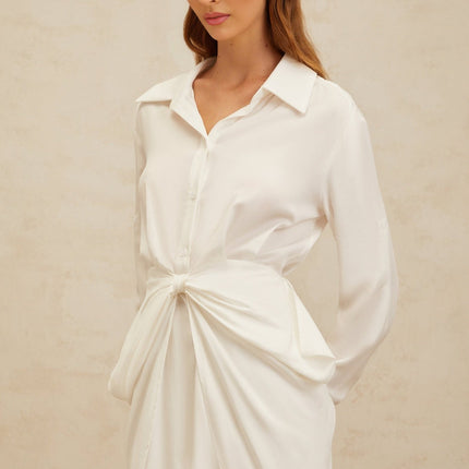 Rinata Mini Dress in White with Bow Embellishment and Ruched Detailing