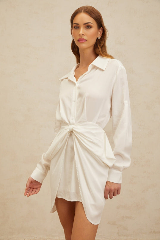 Rinata Mini Dress Bowknot Chic & Ruched in White