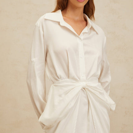 Rinata Mini Dress White Bowknot Chic Ruched Lyocell Fabric Spread Collar Long Sleeves Fitted Waistline Rear Zip Fastening Special Occasions Sophisticated Daytime Events Elegant Design Craftsmanship Luxury