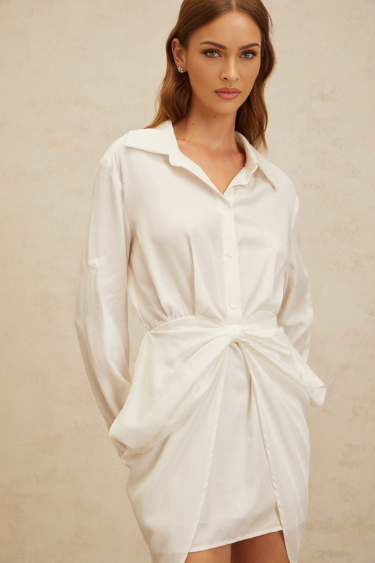 Rinata Mini Dress White Bowknot Chic Ruched Lyocell Fabric Spread Collar Long Sleeves Fitted Waistline Rear Zip Fastening Special Occasions Sophisticated Daytime Events Elegant Design Craftsmanship Luxury