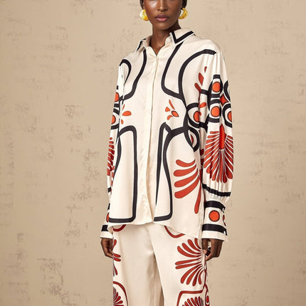 Rinata White & Multicolor Graphic Print Shirt & Trousers Set