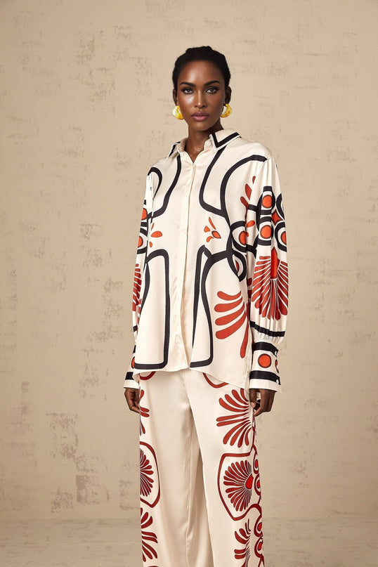 Rinata White & Multicolor Graphic Print Shirt & Trousers Set