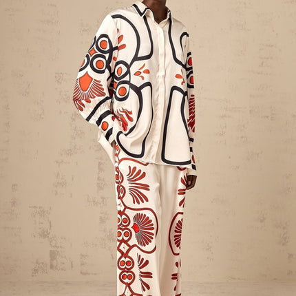 Rinata White & Multicolor Graphic Print Shirt Trousers Set
