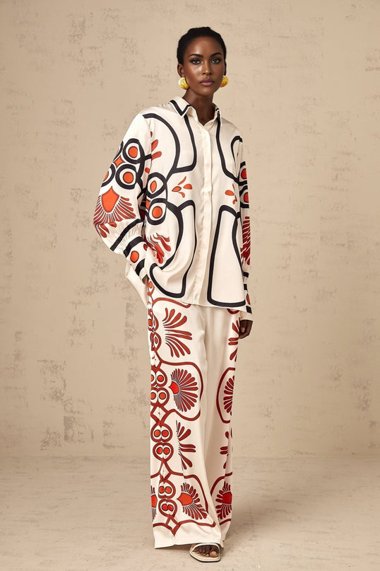 Rinata White & Multicolor Graphic Print Shirt Trousers Set