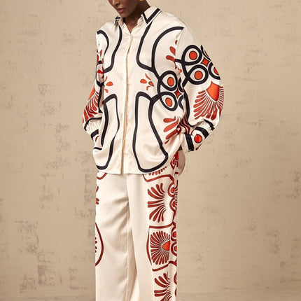 Rinata White & Multicolor Shirt Trousers Graphic Print Set