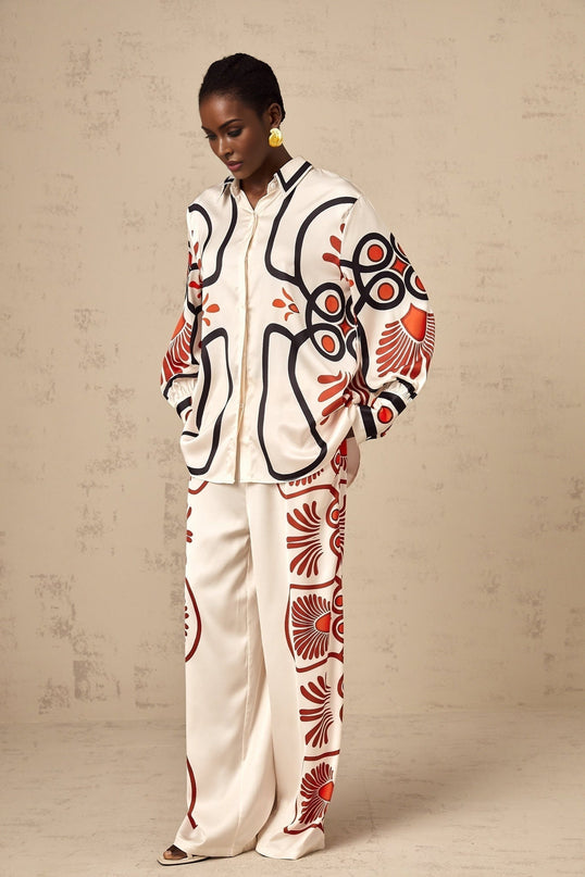 Rinata White & Multicolor Shirt Trousers Graphic Print Set