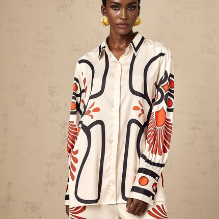 Rinata White & Multicolor Graphic Print Shirt Trousers Set