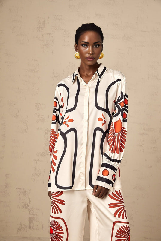 Rinata White & Multicolor Graphic Print Shirt Trousers Set