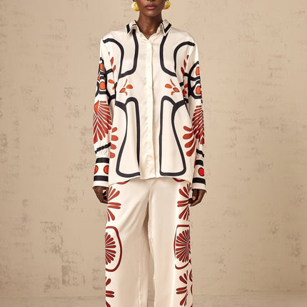 Rinata White & Multicolor Graphic Print Shirt Trousers Set