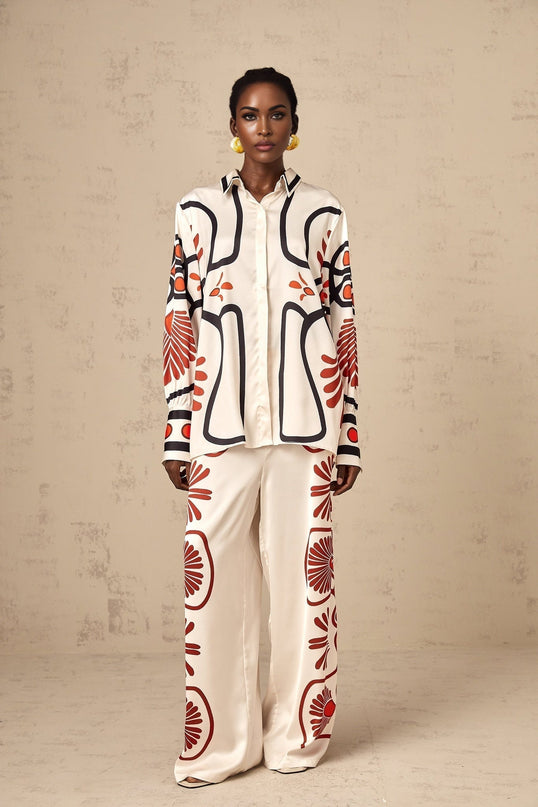 Rinata White & Multicolor Graphic Print Shirt Trousers Set