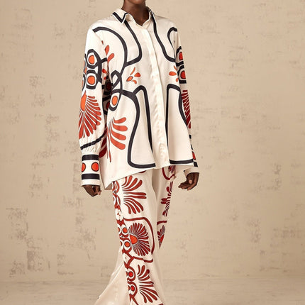 Rinata White & Multicolor Shirt Trousers Graphic Print Set Luxury Silk Viscose Spandex Wide Legs