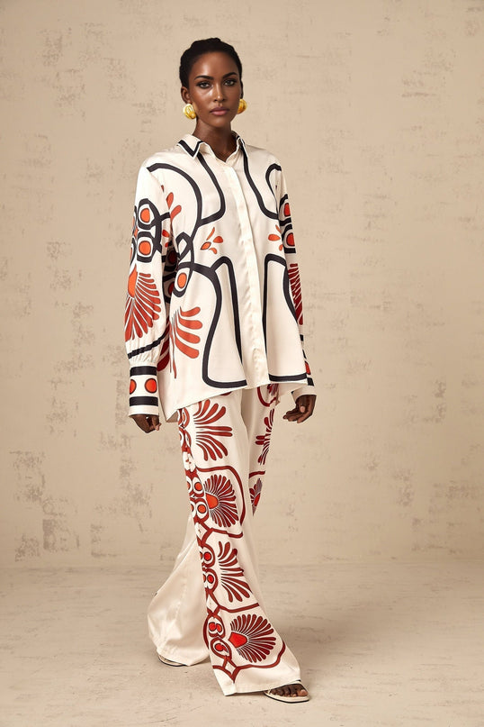 Rinata White & Multicolor Shirt Trousers Graphic Print Set Luxury Silk Viscose Spandex Wide Legs