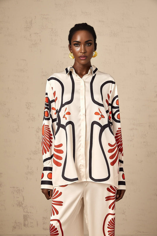 Rinata White & Multicolor Graphic Print Shirt & Trousers Set