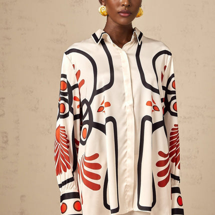 Rinata White & Multicolor Graphic Print Shirt Trousers Set