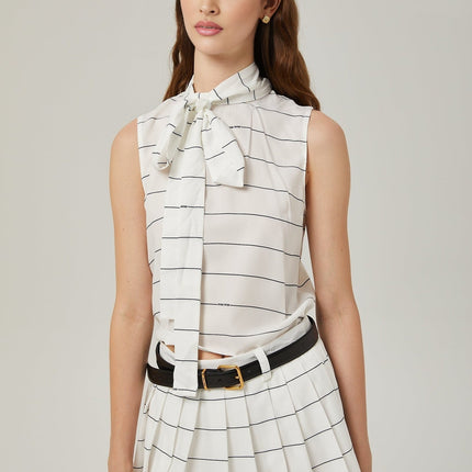Rinata White Sleeveless Top and Striped Pleated Skirt Matching Set
