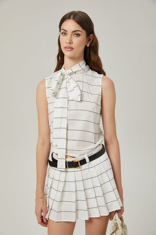 Rinata White Sleeveless Top and Striped Pleated Skirt Matching Set