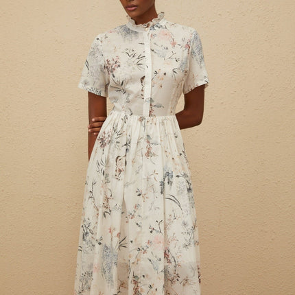 Rinata White Floral Midi Dress with Faux-Pearl Detailing