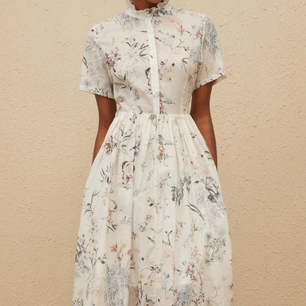 Rinata White Floral Midi Dress 100% Cotton Frilled Neck Tied Waist Shirred Effect Faux-Pearl Detailing Short Sleeves Front Button Fastening Multicolor Palette