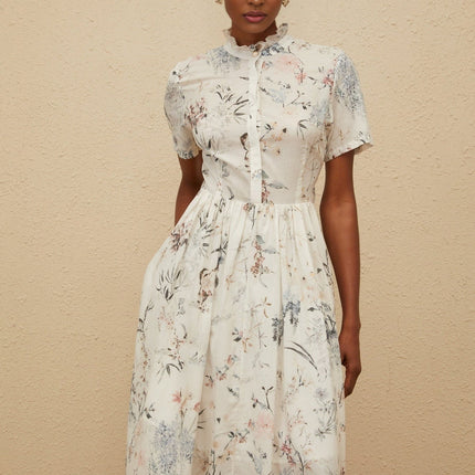 Rinata White Floral Midi Dress 100 Percent Cotton Frilled Neck Tied Waist Shirred Effect Faux-Pearl Detailing Short Sleeves Front Button Fastening Multicolor Palette