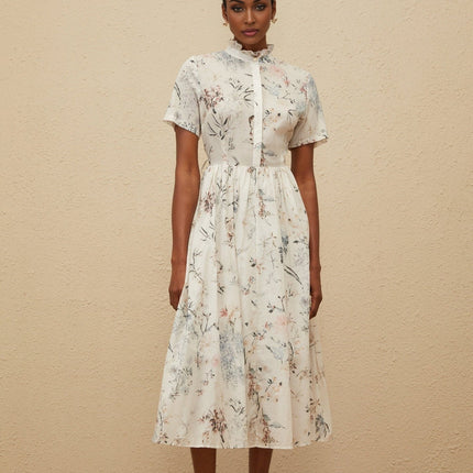 Rinata White Floral Midi Dress 100 Percent Cotton Frilled Neck Tied Waist Shirred Effect Faux-Pearl Detailing Short Sleeves Front Button Fastening Multicolor Palette