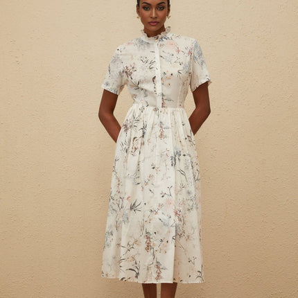 Rinata White Floral Midi Dress 100% Cotton Frilled Neck Tied Waist Shirred Effect Faux-Pearl Detailing Short Sleeves Front Button Fastening Multicolor Palette