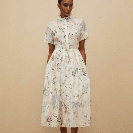 Rinata White Floral Midi Dress 100% Cotton Frilled Neck Tied Waist Shirred Effect Faux-Pearl Detailing Short Sleeves Front Button Fastening Multicolor Palette