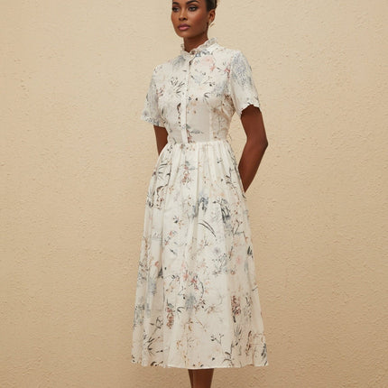 Rinata White Floral Midi Dress with Frilled Neck and Faux-Pearl Detailing