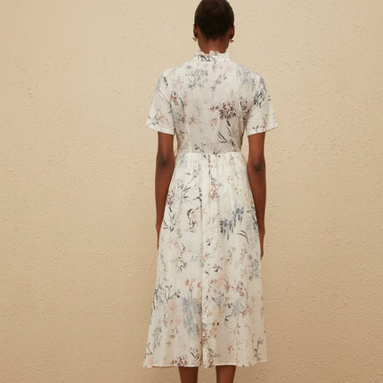 Rinata White Floral Print Midi Dress 100% Cotton Frilled Neck Tied Waist Short Sleeves Faux-Pearl Detailing Front Button Fastening