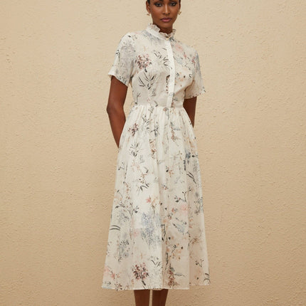 Rinata White Floral Print Midi Dress with Frilled Neck and Faux-Pearl Detailing
