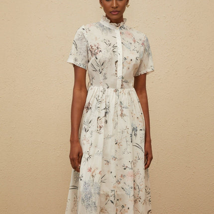 Rinata White Floral Print Midi Dress Cotton Frilled Neck Tied Waist Shirred Effect Faux-Pearl Detailing Short Sleeves Front Button Fastening Multicolor Palette