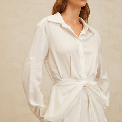 Rinata White Mini Dress Bowknot Chic Ruched Lyocell Fabric Spread Collar Long Sleeves Fitted Waistline Rear Zip Fastening Elegant Sophisticated Luxury Special Occasions Daytime Events
