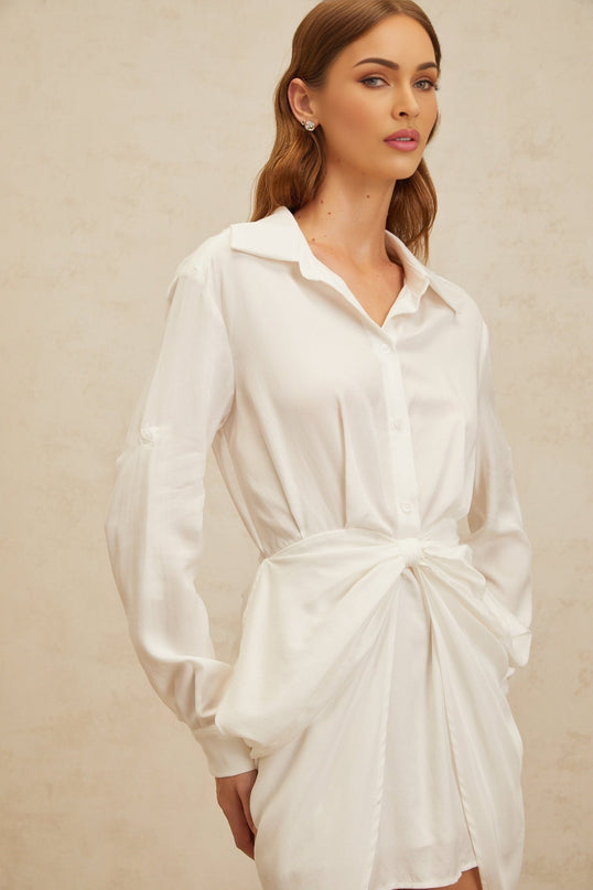 Rinata White Mini Dress Bowknot Chic Ruched Lyocell Fabric Spread Collar Long Sleeves Fitted Waistline Rear Zip Fastening Elegant Sophisticated Luxury Special Occasions Daytime Events